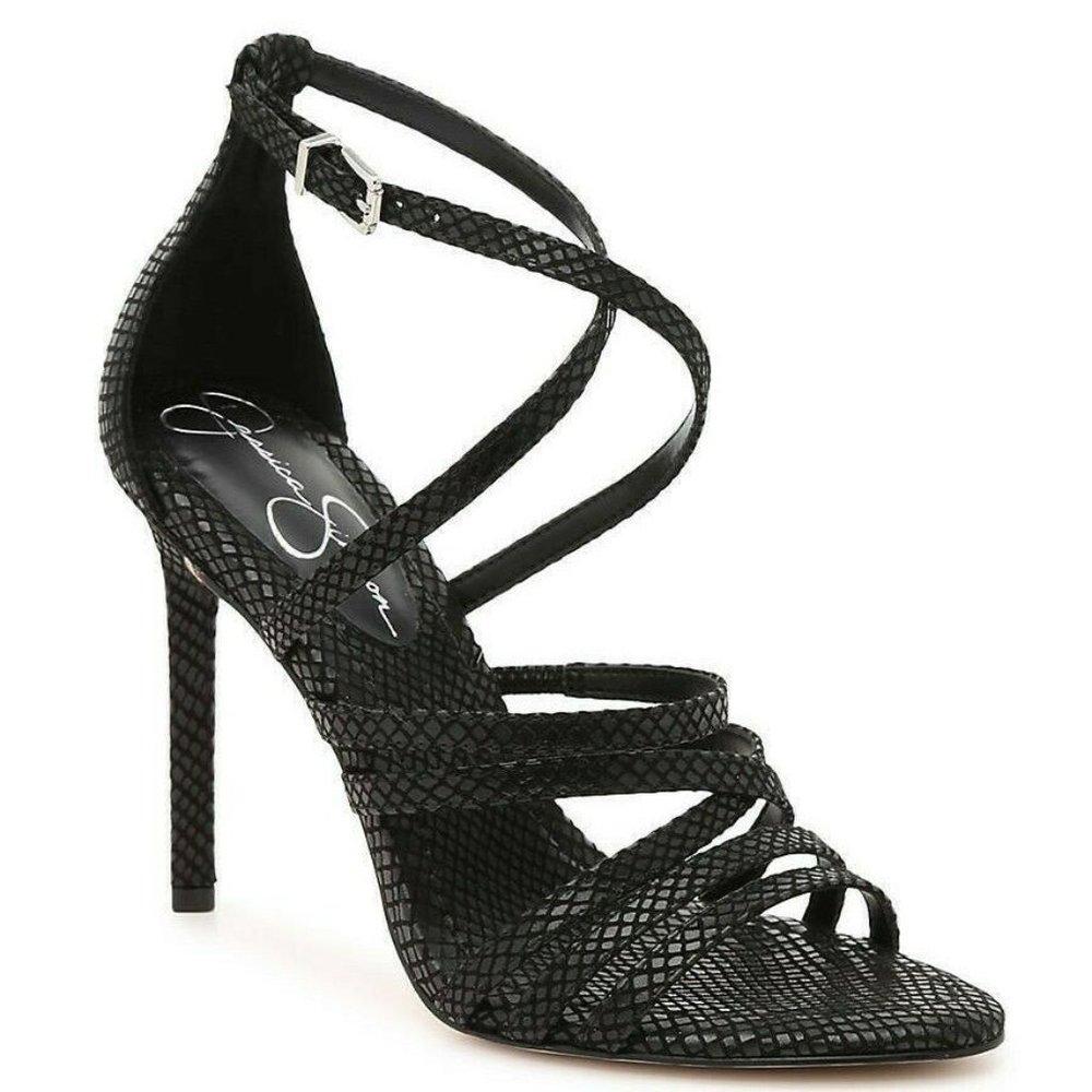 NEW JESSICA SIMPSON Black Snake Print Strappy Heel Sandal Shoes